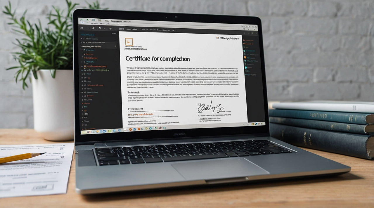 Сравнение бесплатного и платного обучения программированию: ноутбук, книги и сертификат на фоне кода